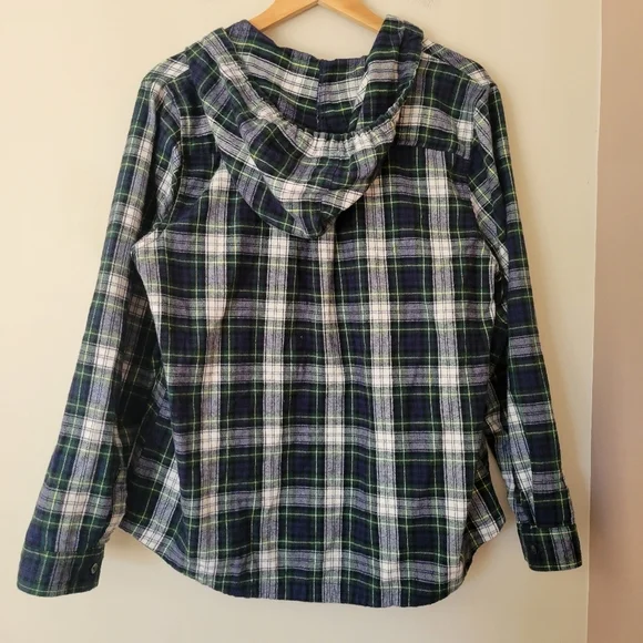 LL Bean Scotch Plaid Flannel Pullover Hoodie Navy And White Outdoor Grunge Large - Picture 2 of 8